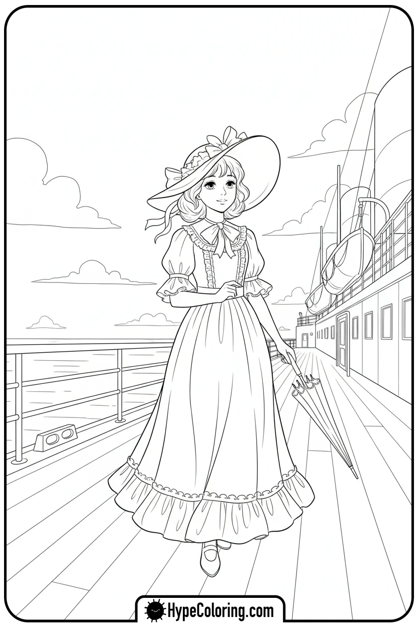 girl-strolling-on-titanic - coloring pages of titanic