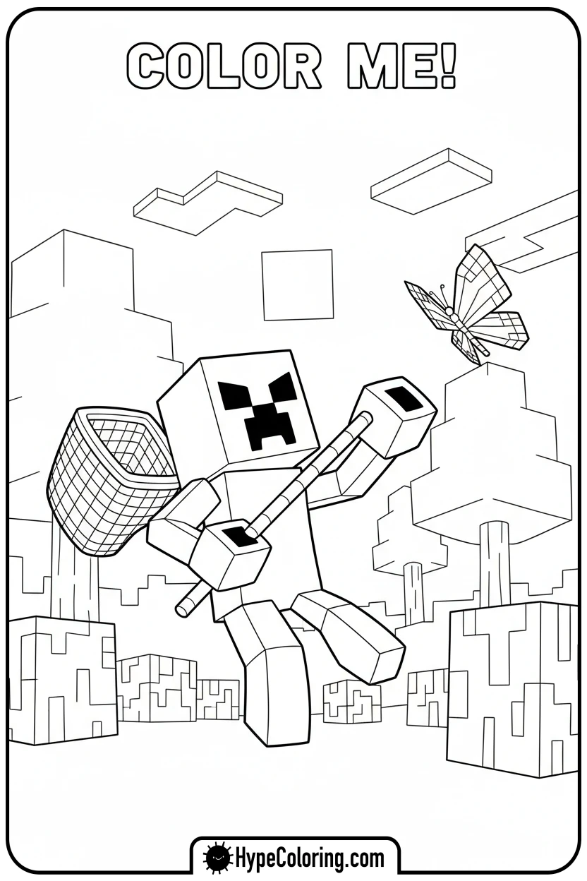 creeper-catching-butterfly - creeper minecraft coloring page