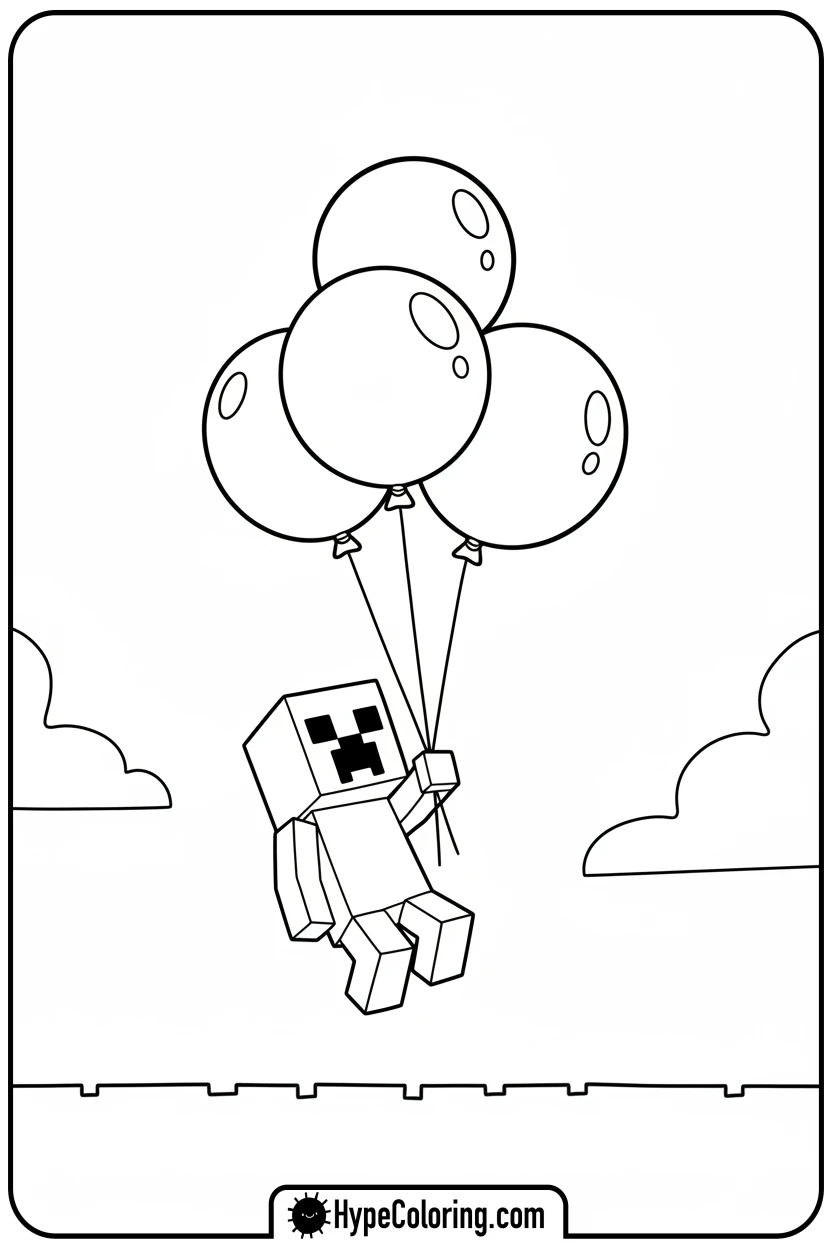 creeper-floating-with-balloons - creeper minecraft coloring page
