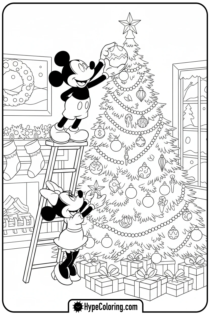 mickey-and-minnie-decorating-tree - disney christmas coloring pages