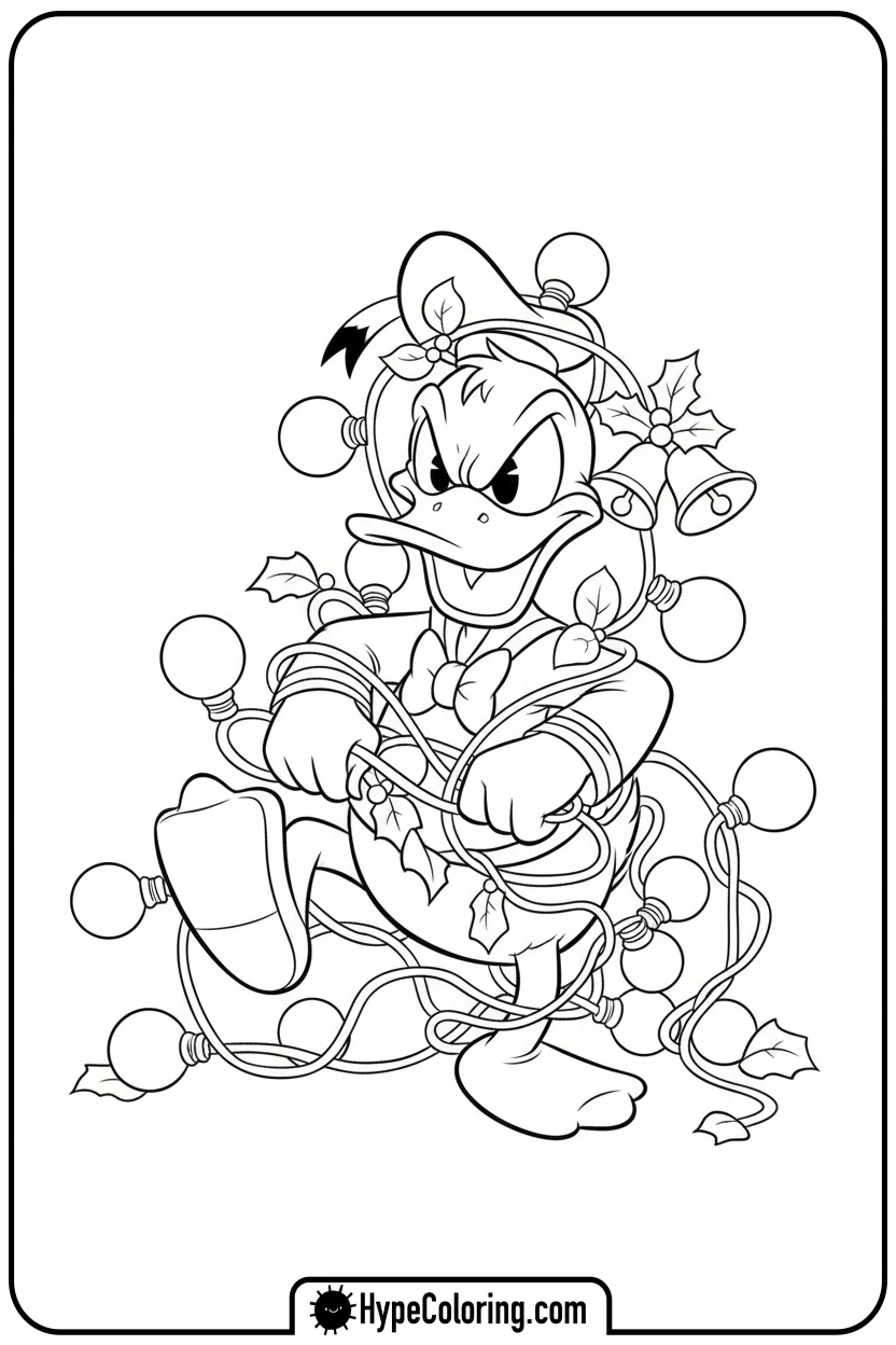 donald-tangled-in-lights - disney christmas coloring pages