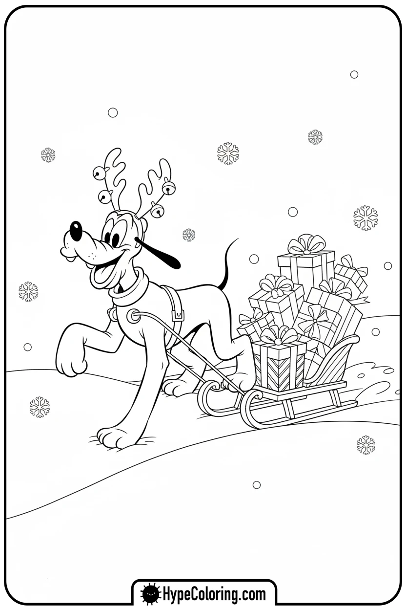 pluto-pulling-present-sled - disney christmas coloring pages