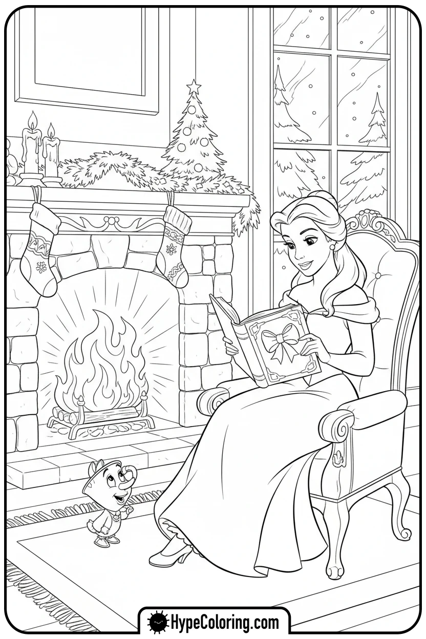 belle-reading-by-fireplace - disney christmas coloring pages