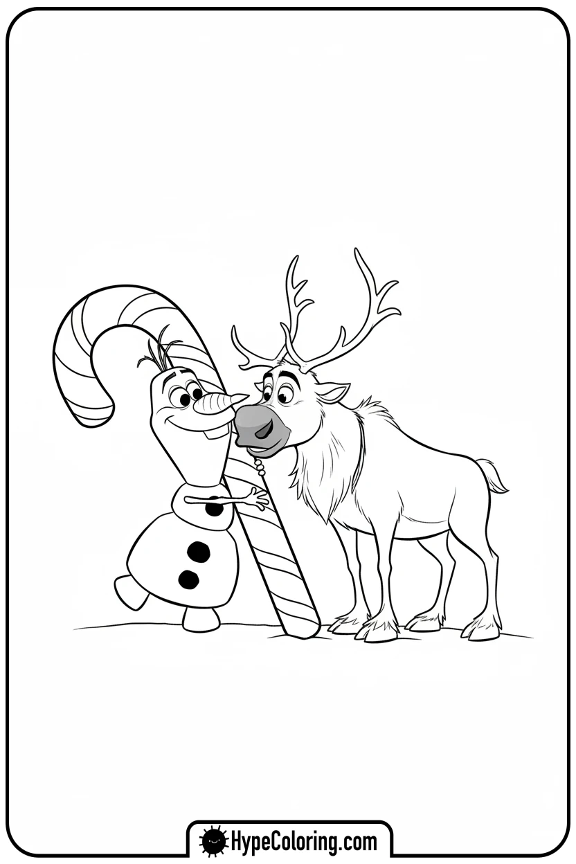olaf-hugging-candy-cane - disney christmas coloring pages