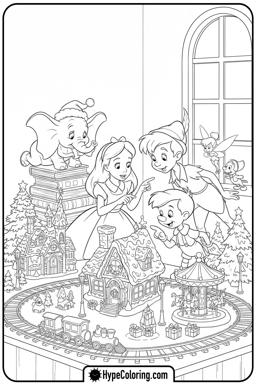 characters-admiring-christmas-village - disney christmas coloring pages