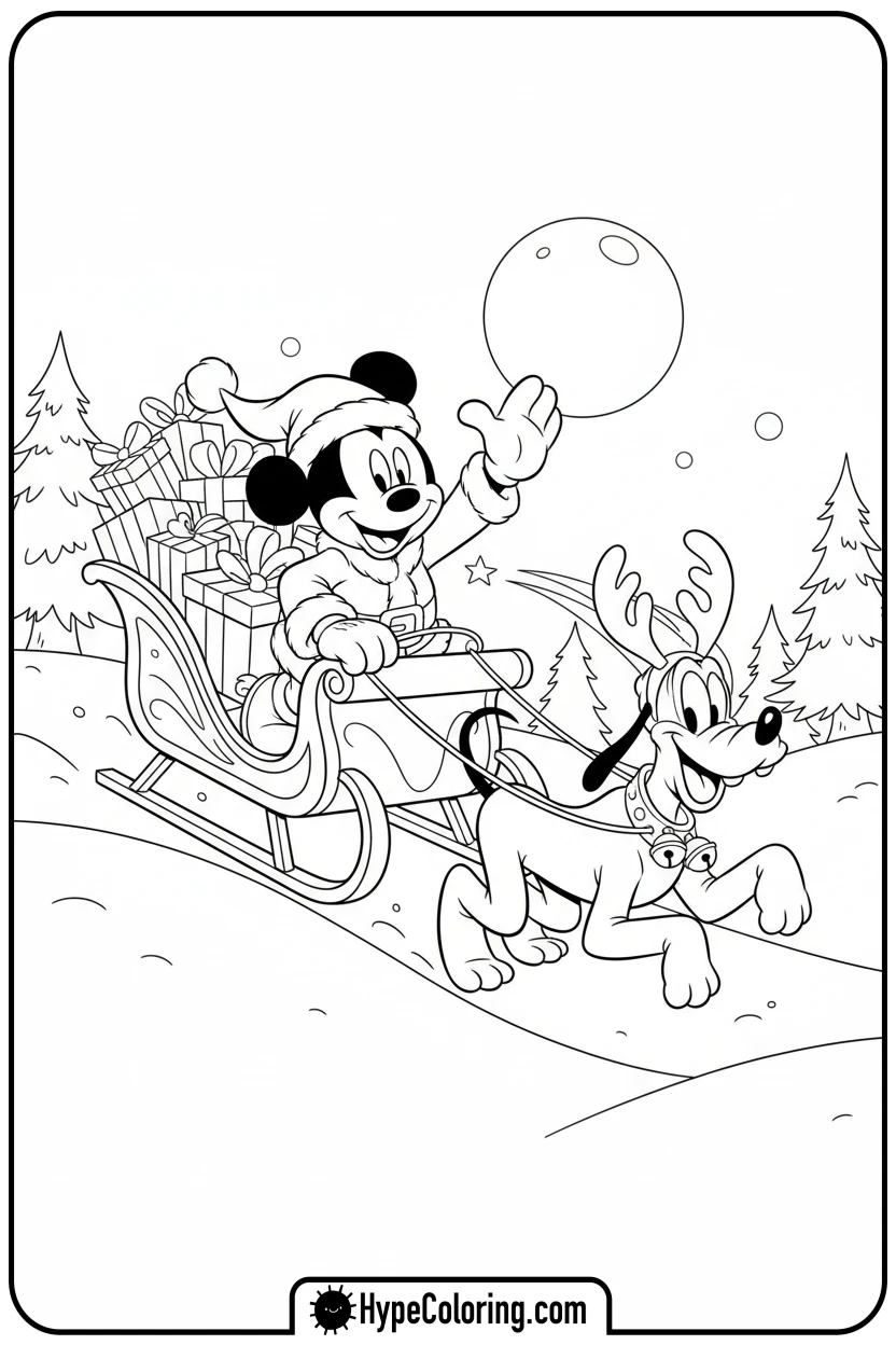 mickey-santa-in-sleigh - disney christmas coloring pages