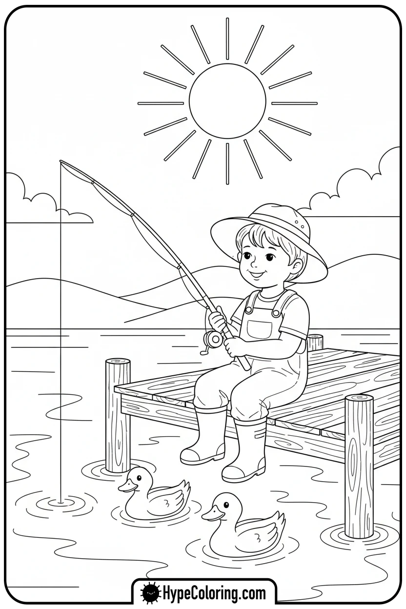Click to download PDF child-fishing-on-a-dock - fishing coloring pages