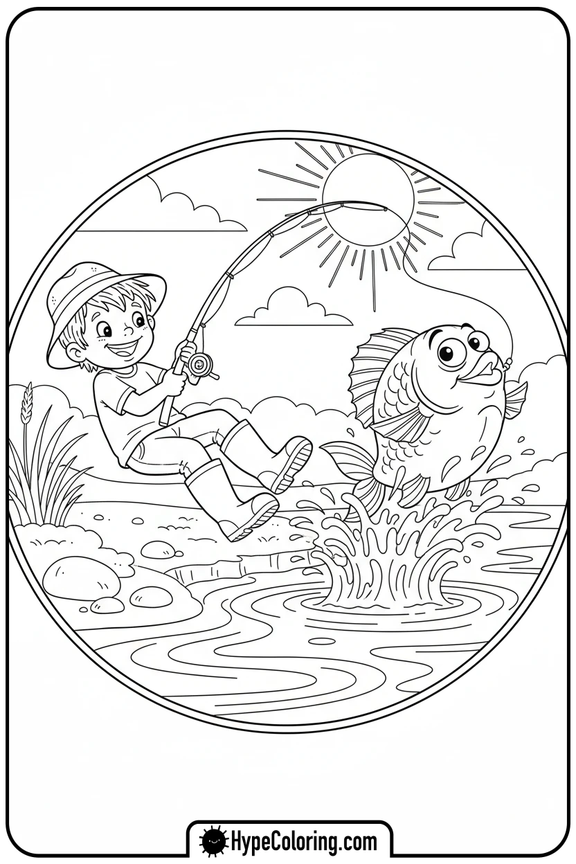 Click to download PDF child-reeling-in-big-fish - fishing coloring pages