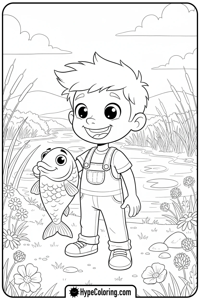 Click to download PDF smiling-character-with-fish - fishing coloring pages