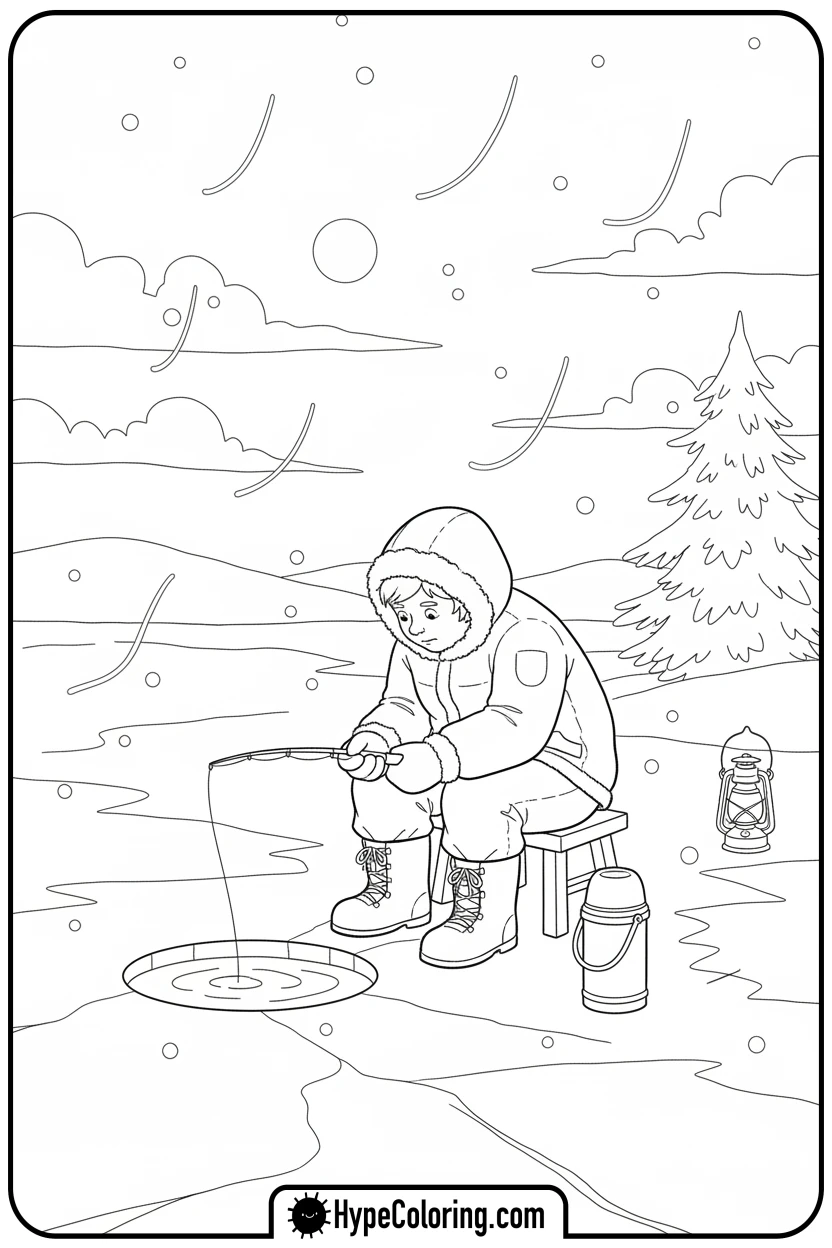 Click to download PDF character-ice-fishing - fishing coloring pages