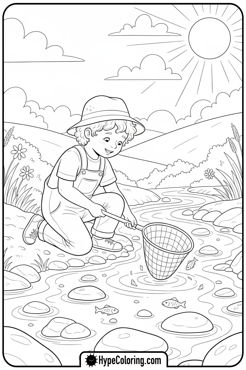 Click to download PDF child-net-fishing - fishing coloring pages