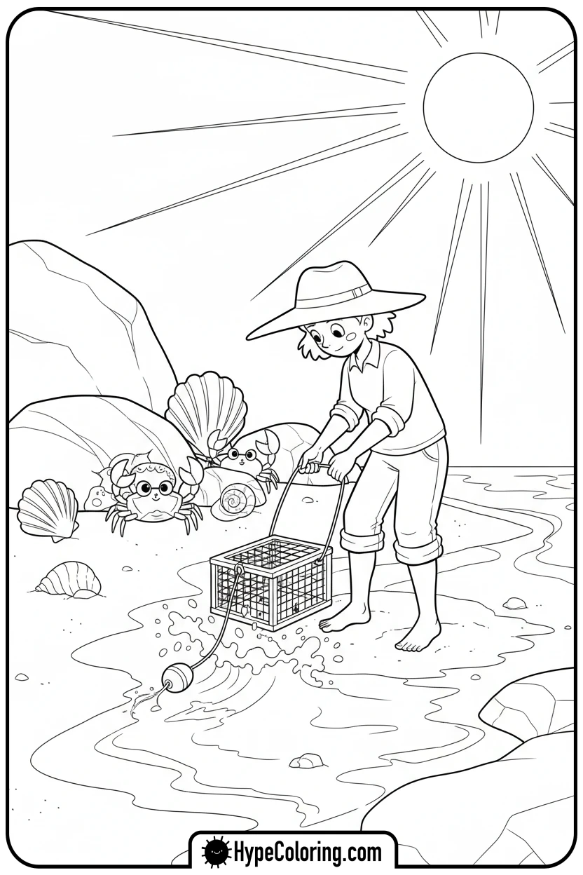 Click to download PDF character-crabbing-on-beach - fishing coloring pages