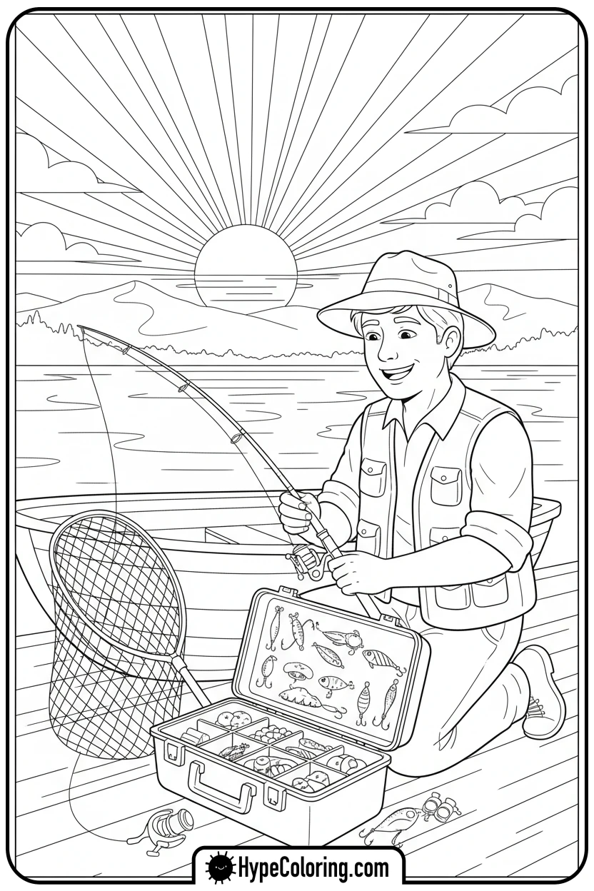 Click to download PDF character-packing-fishing-gear - fishing coloring pages