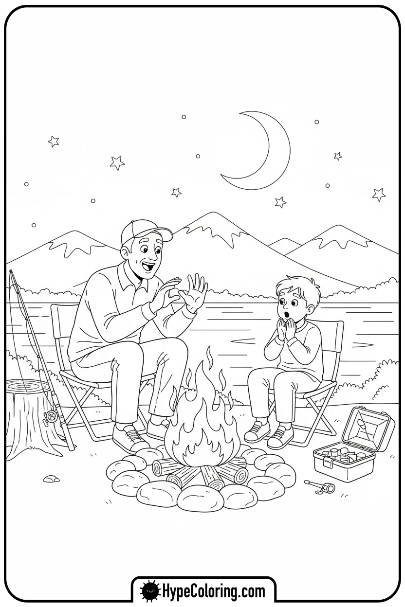 Click to download PDF friends-telling-fishing-story - fishing coloring pages