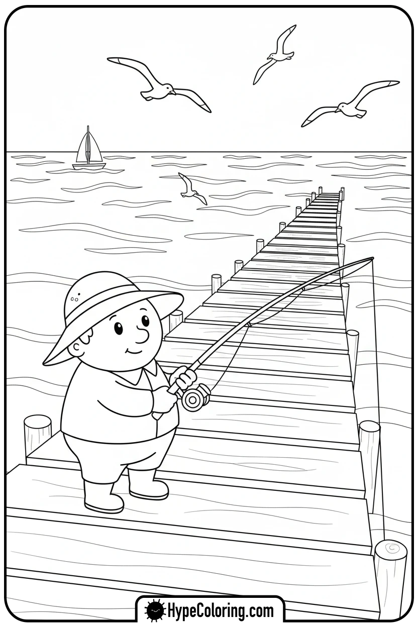 Click to download PDF character-fishing-from-pier - fishing coloring pages