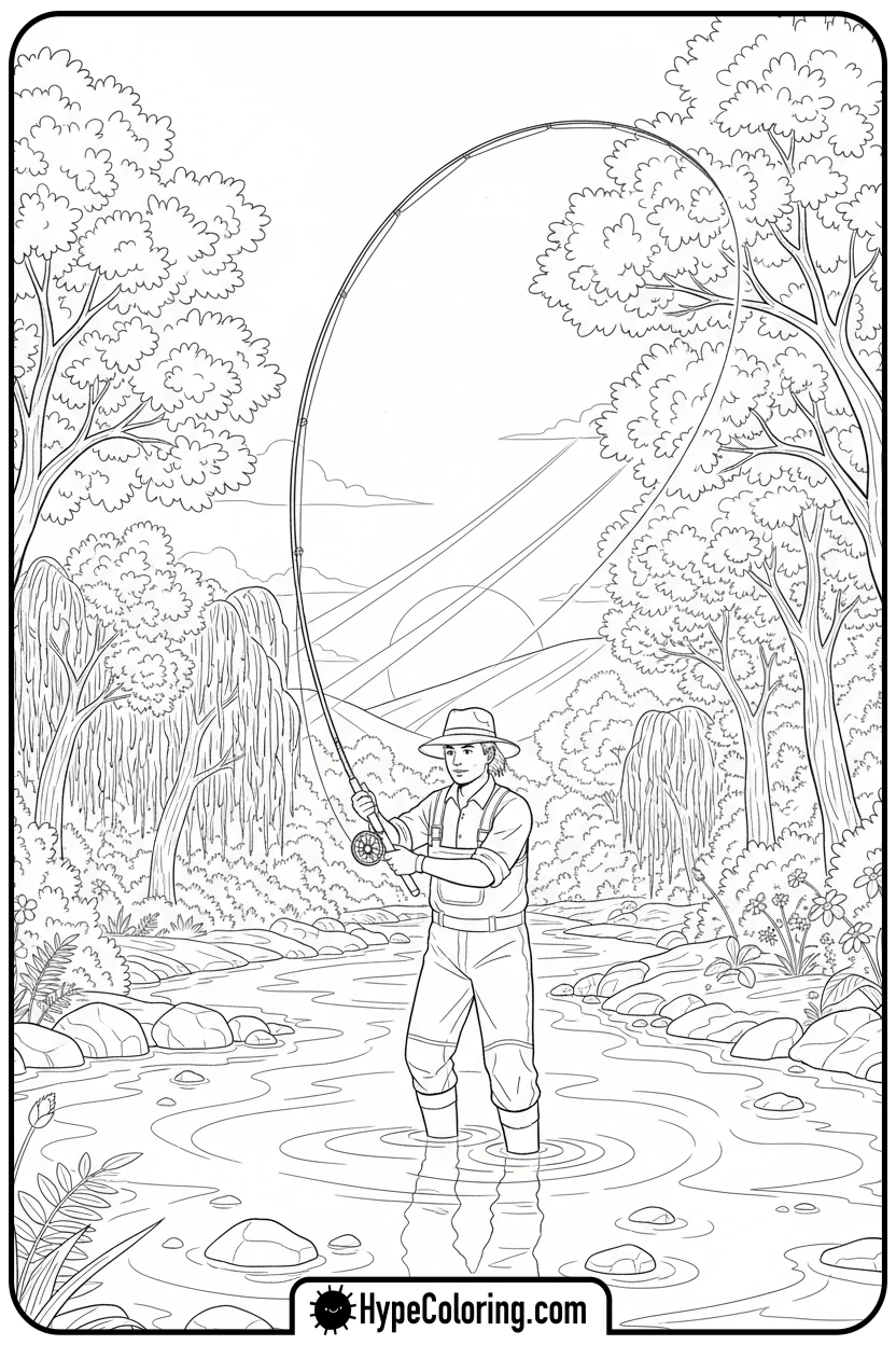 Click to download PDF character-fly-fishing - fishing coloring pages