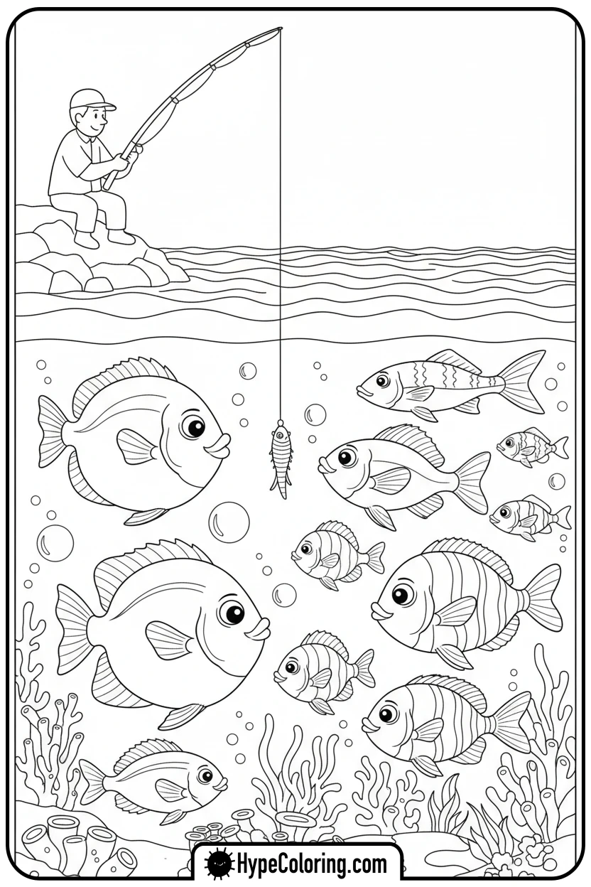 Click to download PDF underwater-fish-around-bait - fishing coloring pages