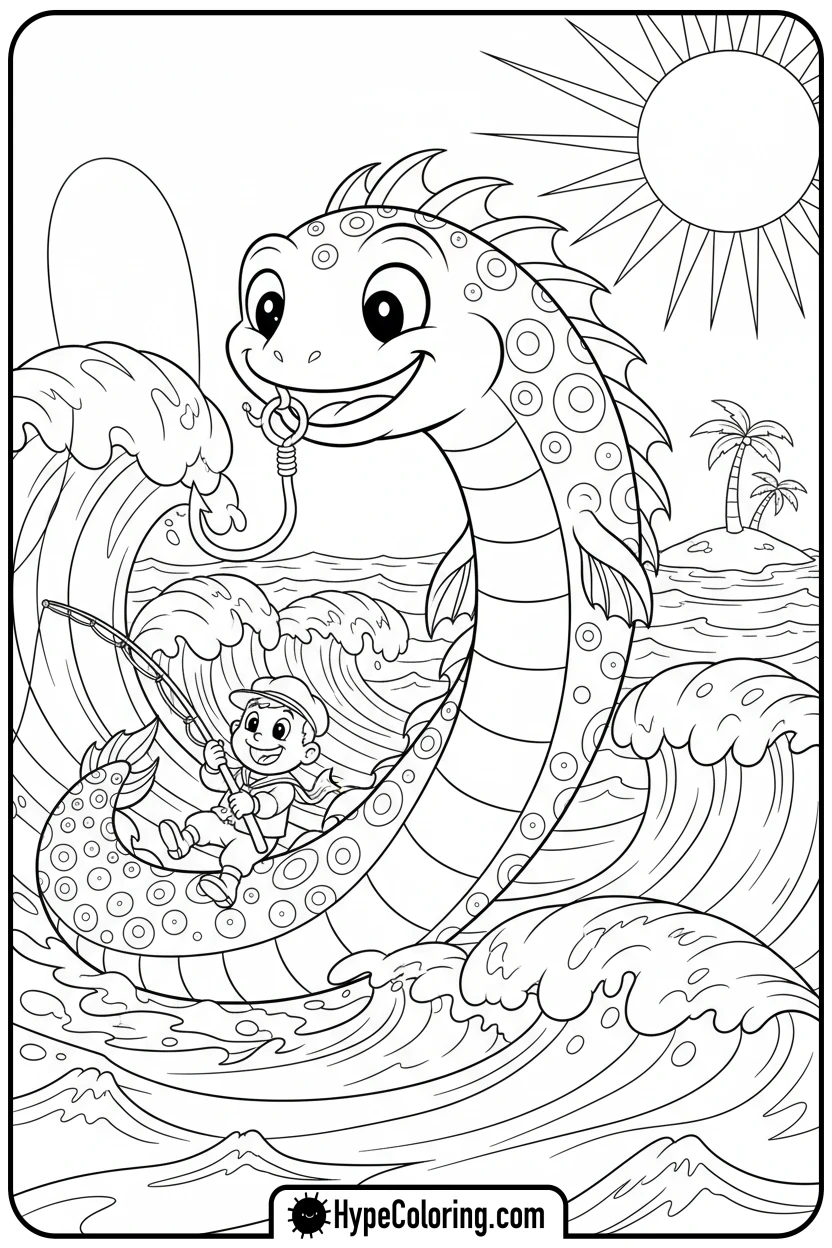 Click to download PDF tiny-character-giant-catch - fishing coloring pages