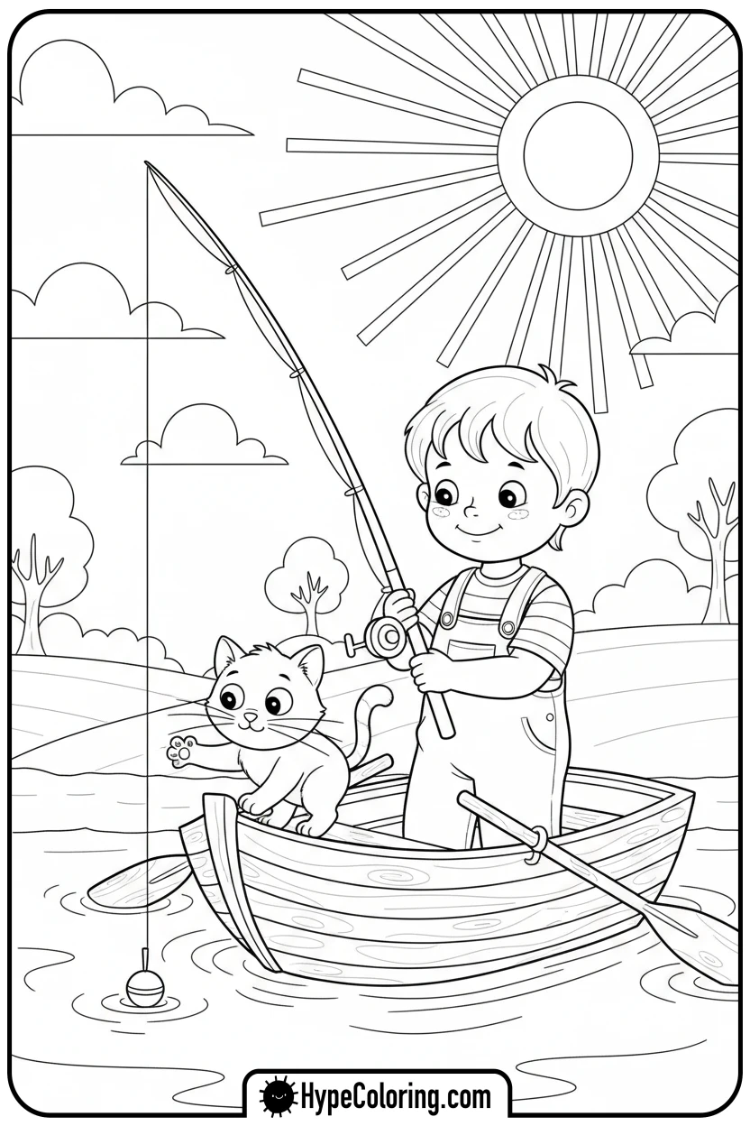 Click to download PDF child-fishing-with-cat - fishing coloring pages
