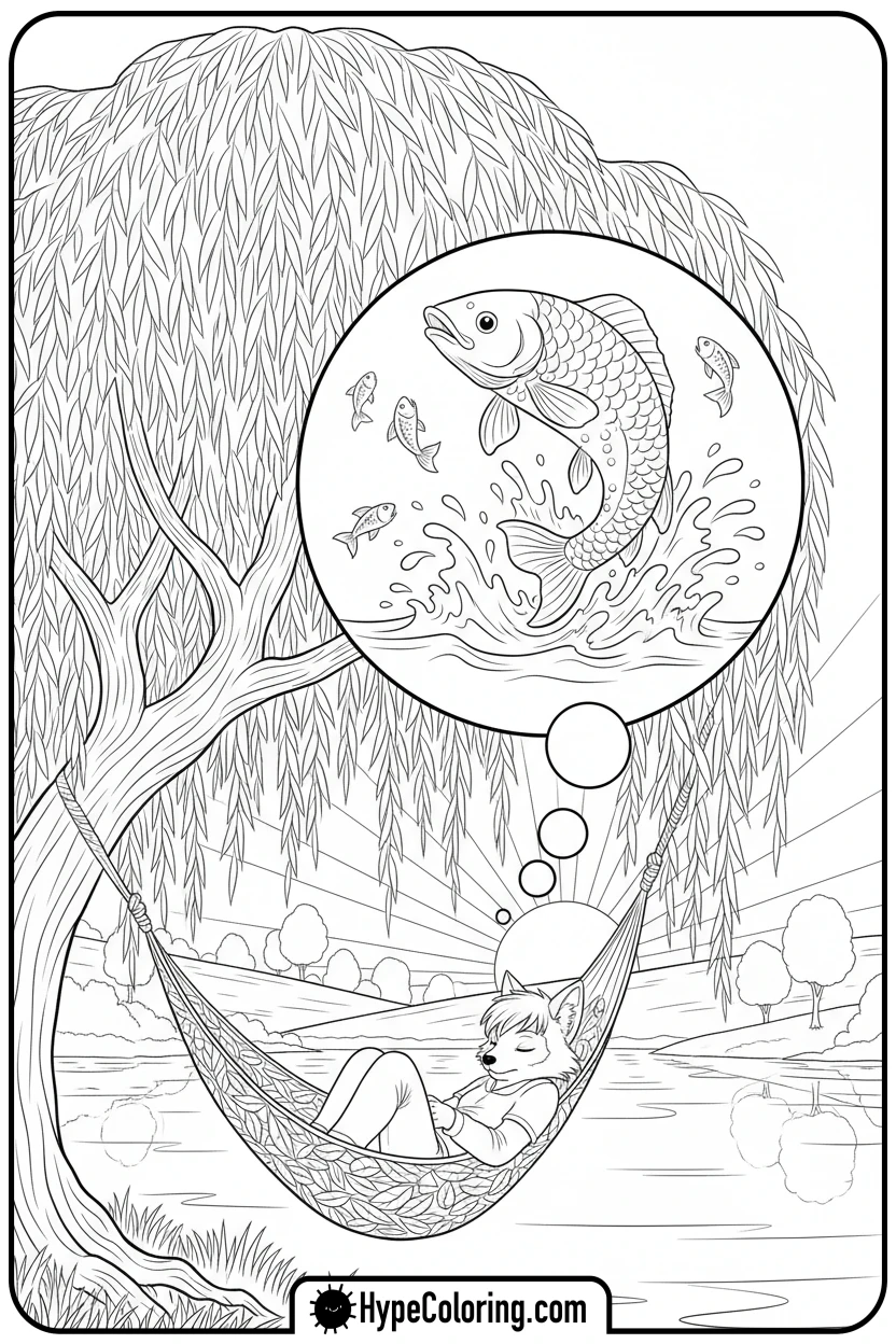 Click to download PDF character-dreaming-of-fish - fishing coloring pages