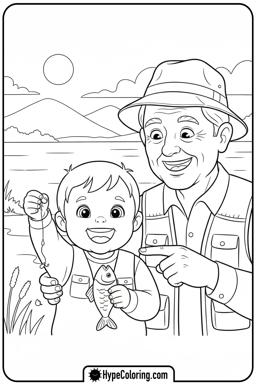 Click to download PDF child-holding-first-fish - fishing coloring pages