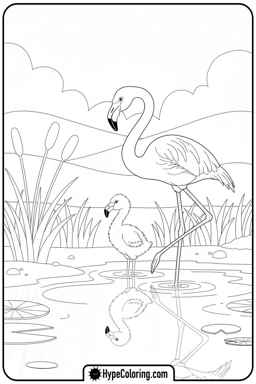 mother-flamingo-with-chick - flamingo coloring pages