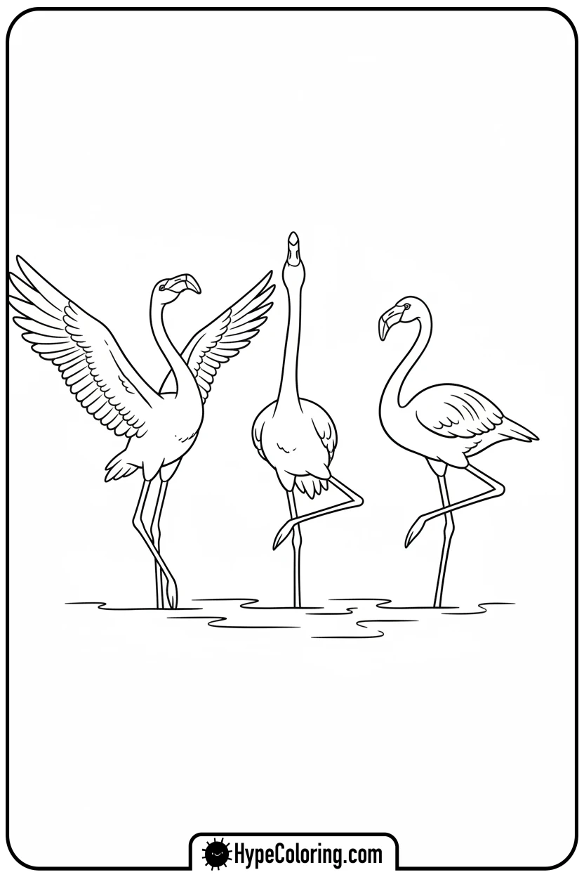 three-flamingos-dancing - flamingo coloring pages
