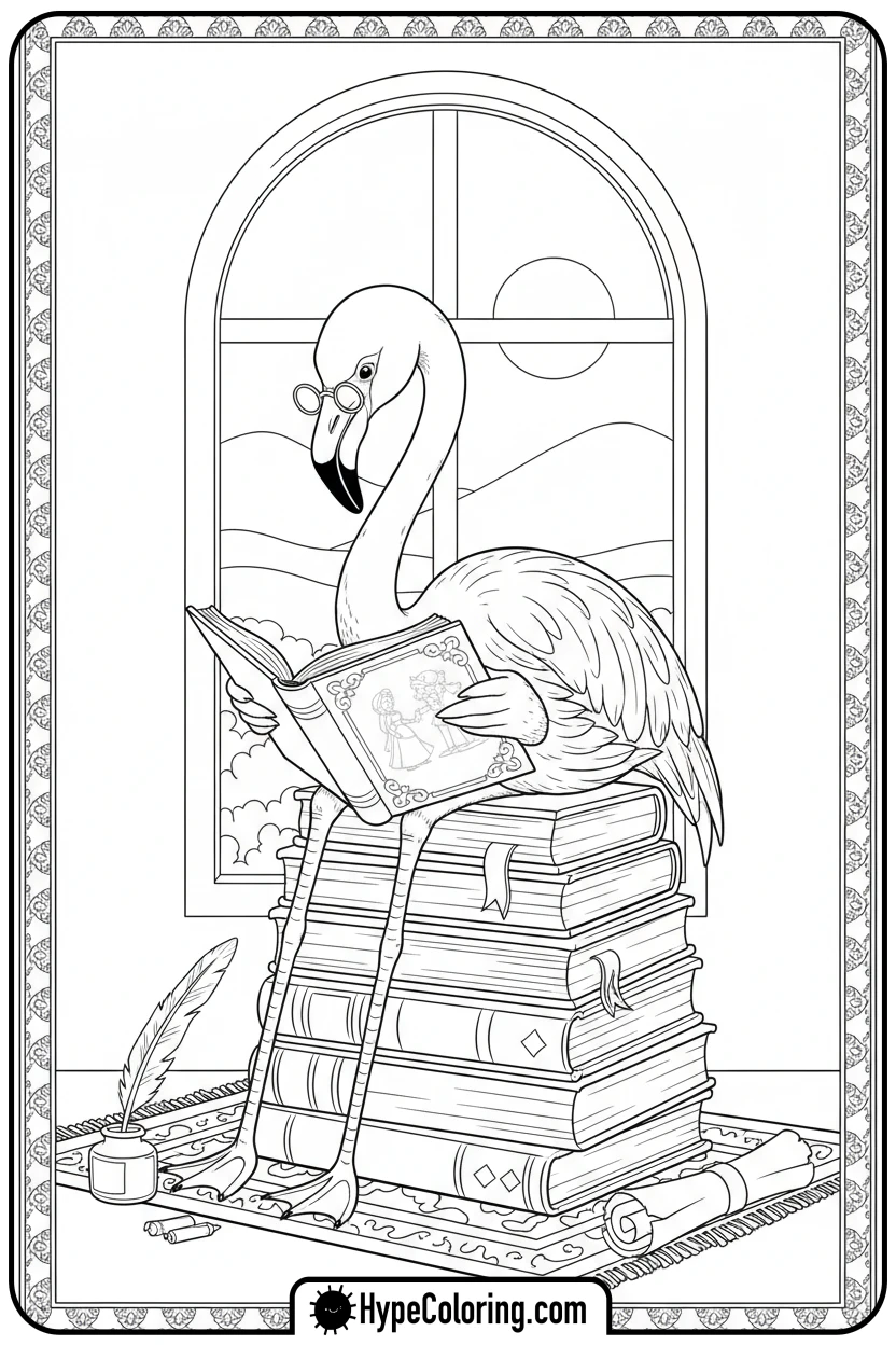 flamingo-reading-a-book - flamingo coloring pages