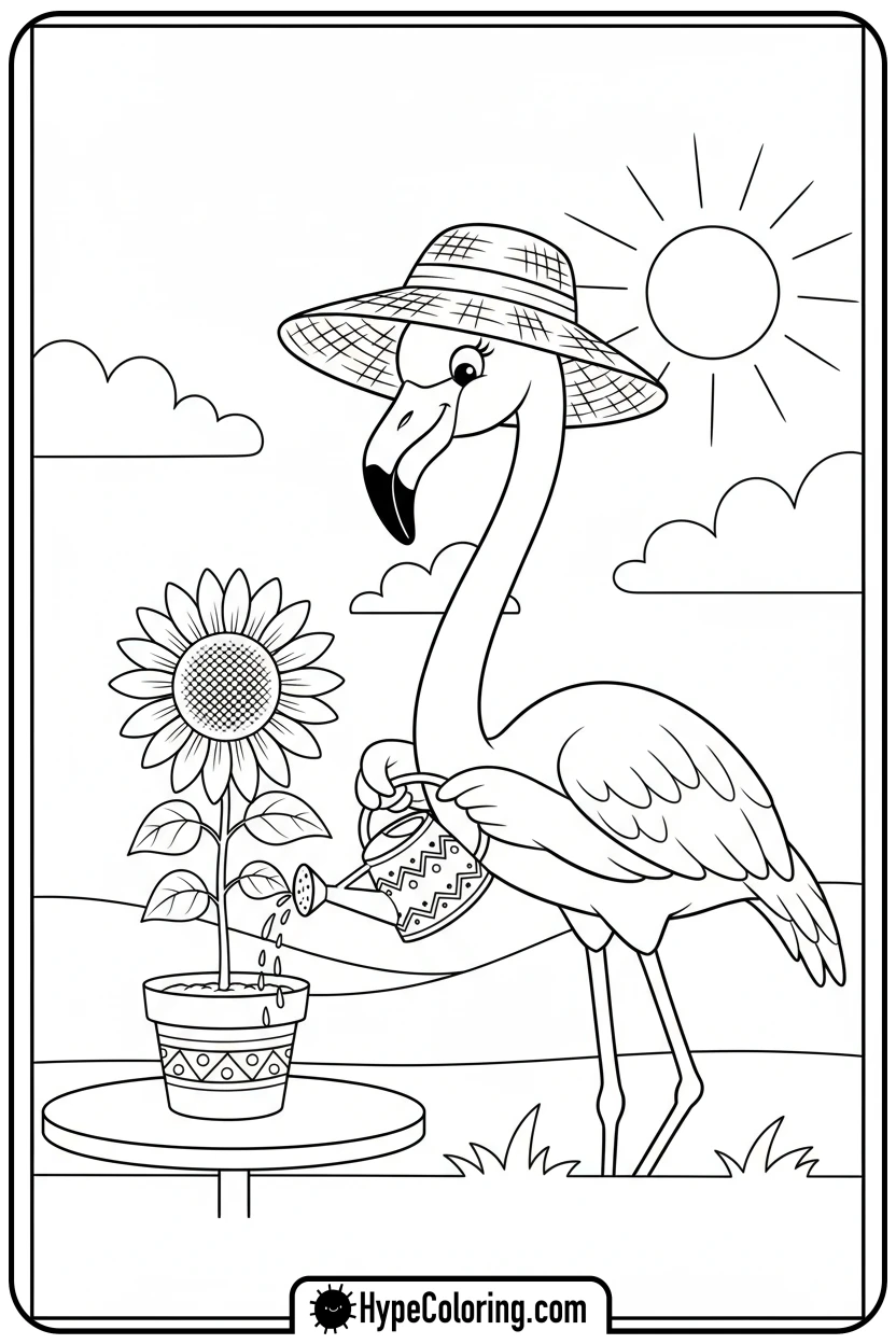 flamingo-watering-a-sunflower - flamingo coloring pages
