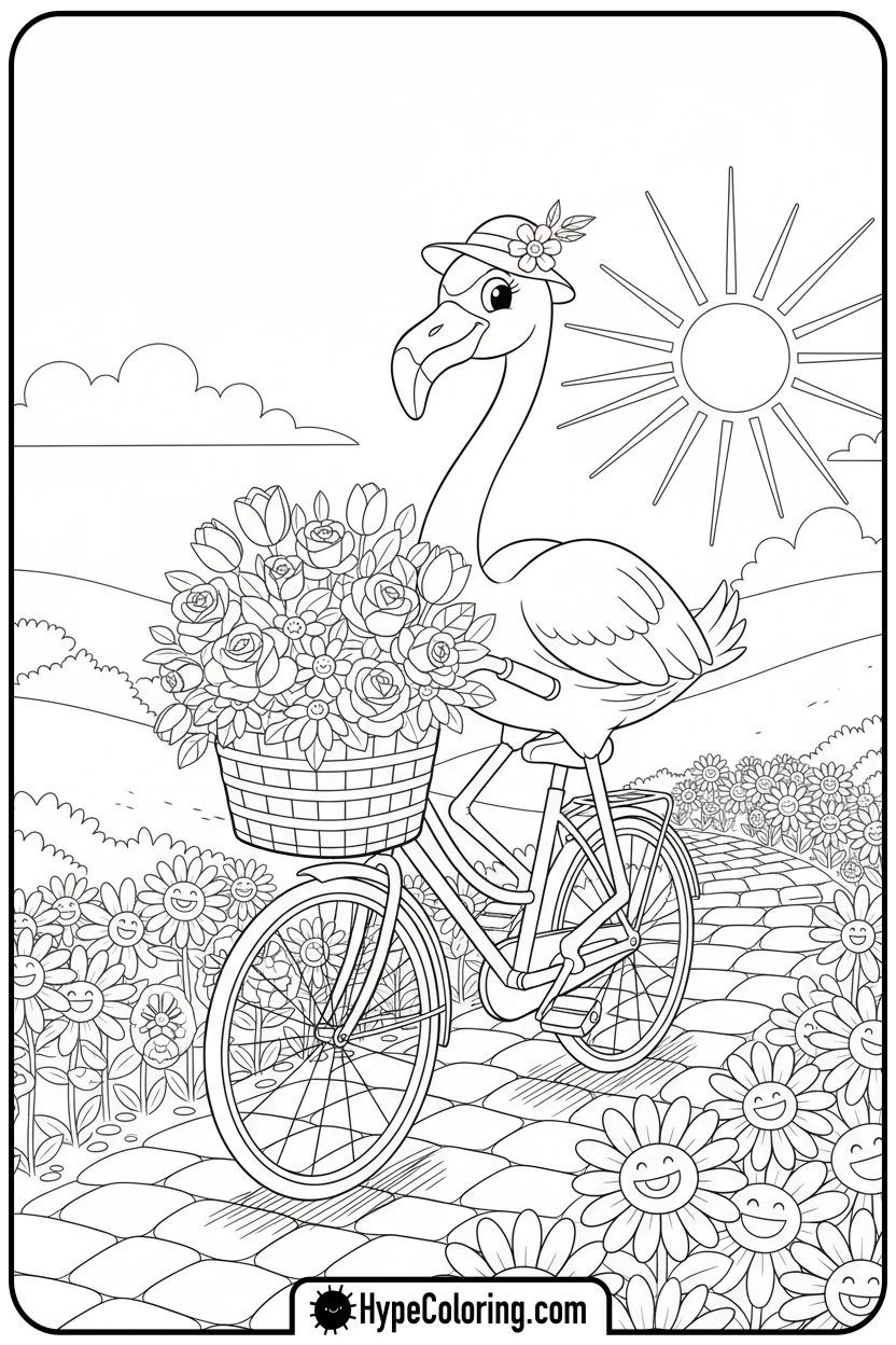 flamingo-riding-a-bicycle - flamingo coloring pages