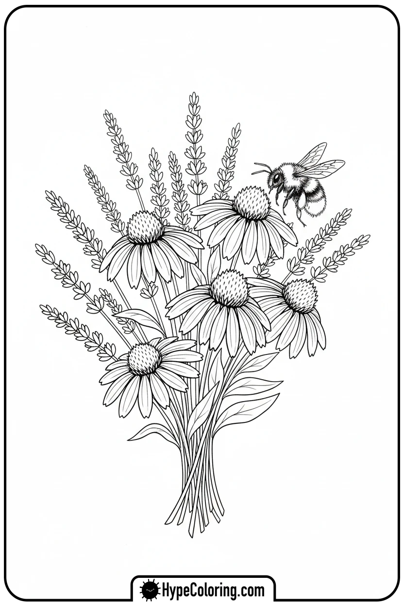 bouquet-with-bumblebee - flower bouquet coloring page
