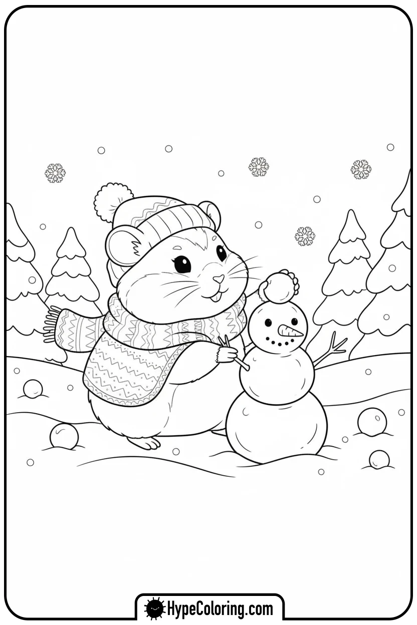 hamster-building-snowman - hamster coloring page