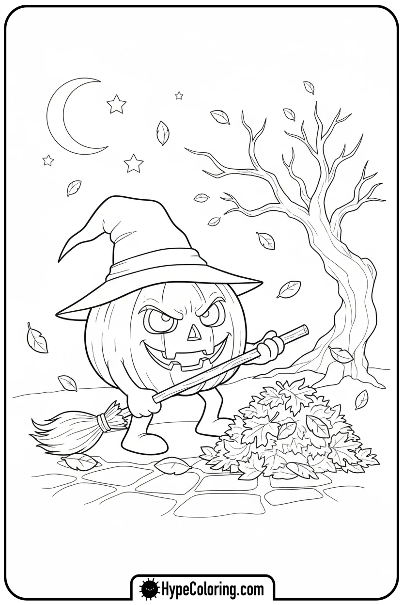 Click to download PDF jack-o-lantern-sweeping-leaves - jack o lantern coloring page