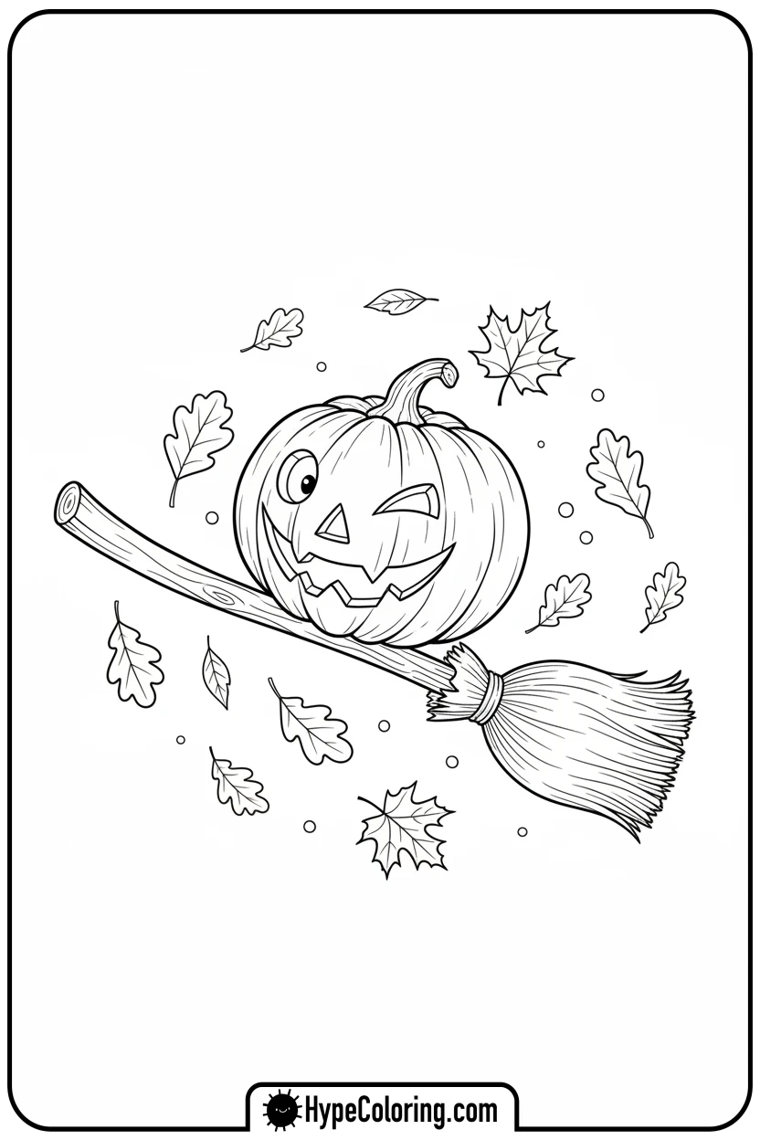 Click to download PDF jack-o-lantern-winking-on-broom - jack o lantern coloring page