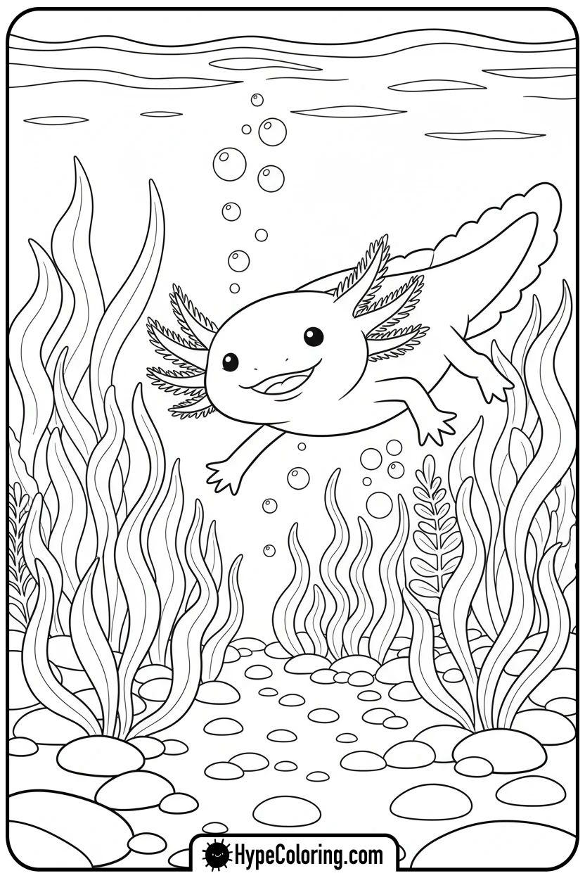 axolotl-swimming-in-garden - axolotl coloring page