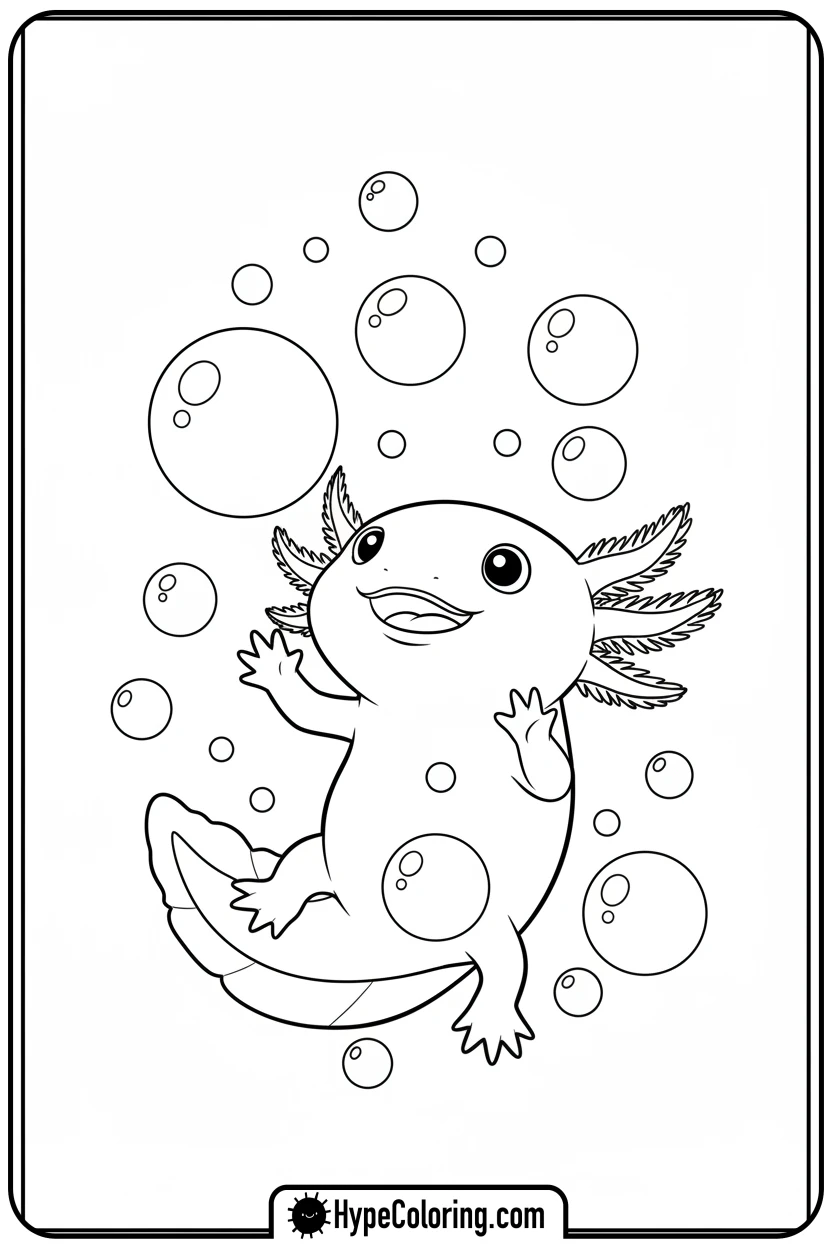 axolotl-playing-with-bubbles - axolotl coloring page