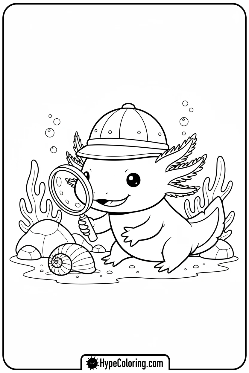 axolotl-explorer-with-magnifying-glass - axolotl coloring page