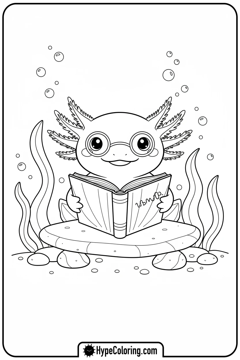 axolotl-reading-seashell-book - axolotl coloring page