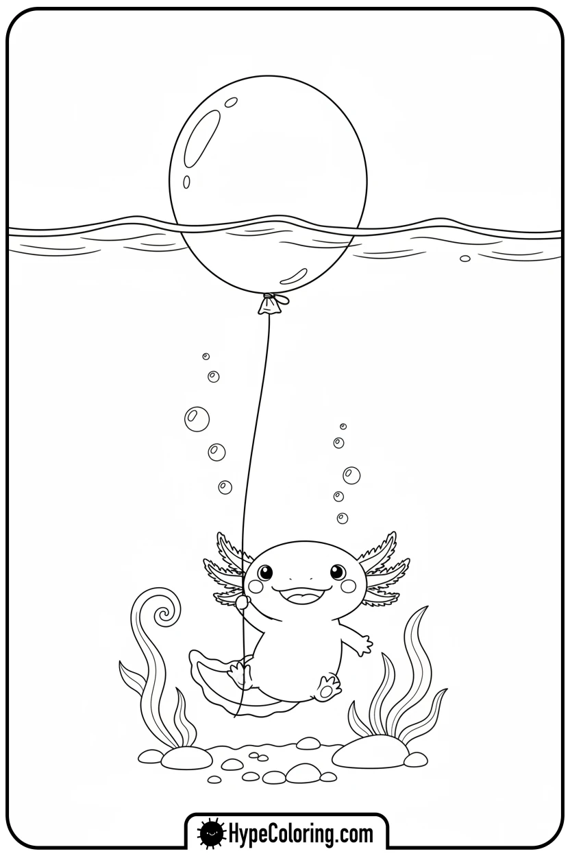 axolotl-floating-with-balloon - axolotl coloring page