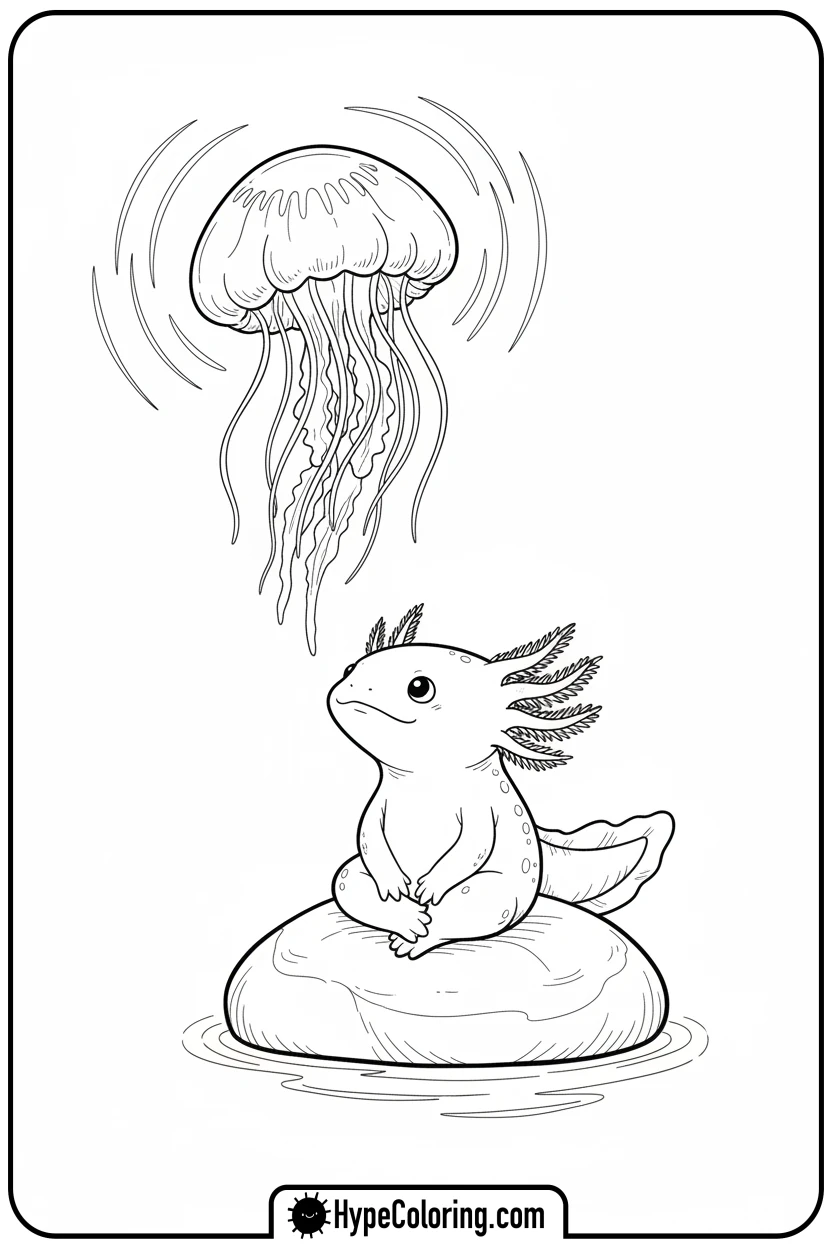 axolotl-gazing-at-jellyfish - axolotl coloring page