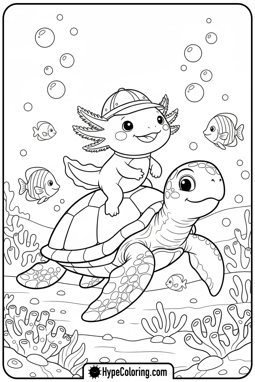 axolotl-riding-turtle - axolotl coloring page