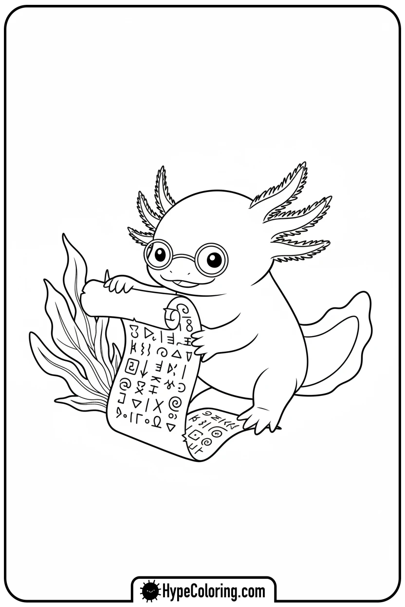 axolotl-reading-a-scroll - axolotl coloring page