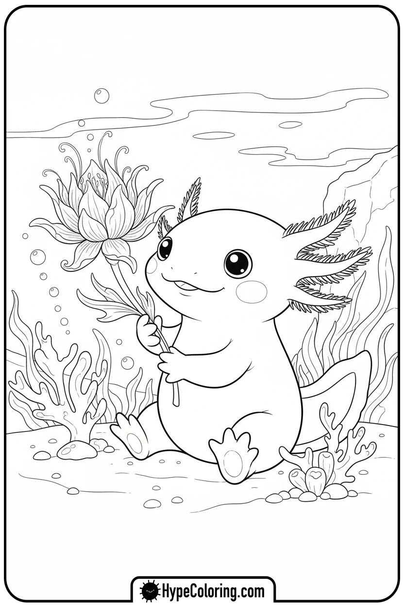 axolotl-holding-a-flower - axolotl coloring page