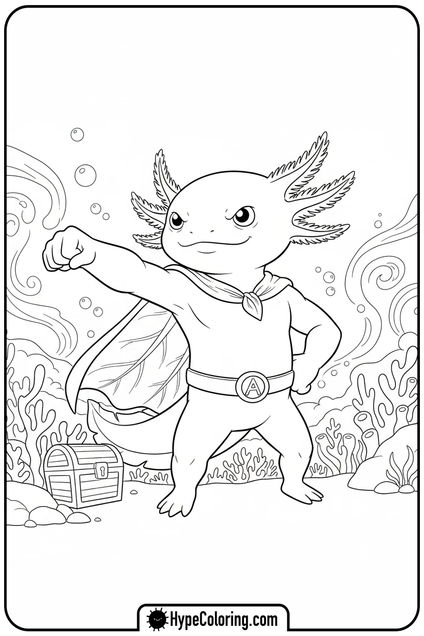 axolotl-superhero-with-cape - axolotl coloring page