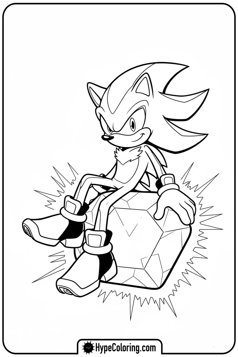 shadow-sitting-on-chaos-emerald - shadow the hedgehog coloring pages