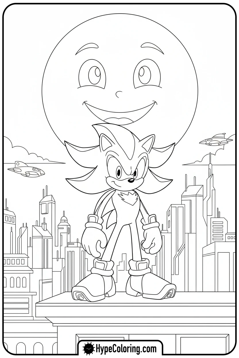 shadow-on-city-rooftop - shadow the hedgehog coloring pages