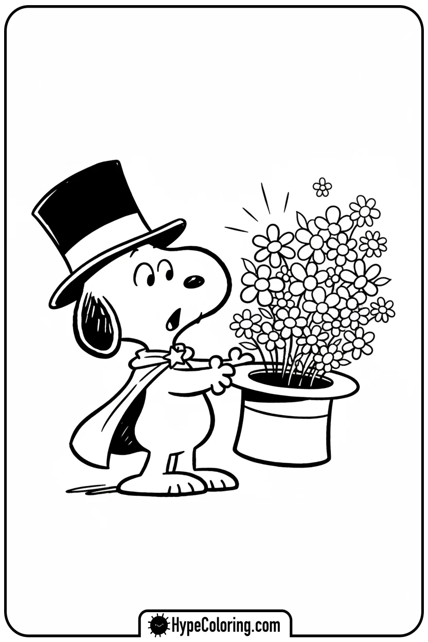 magician-snoopy-pulling-flowers - snoopy coloring pages