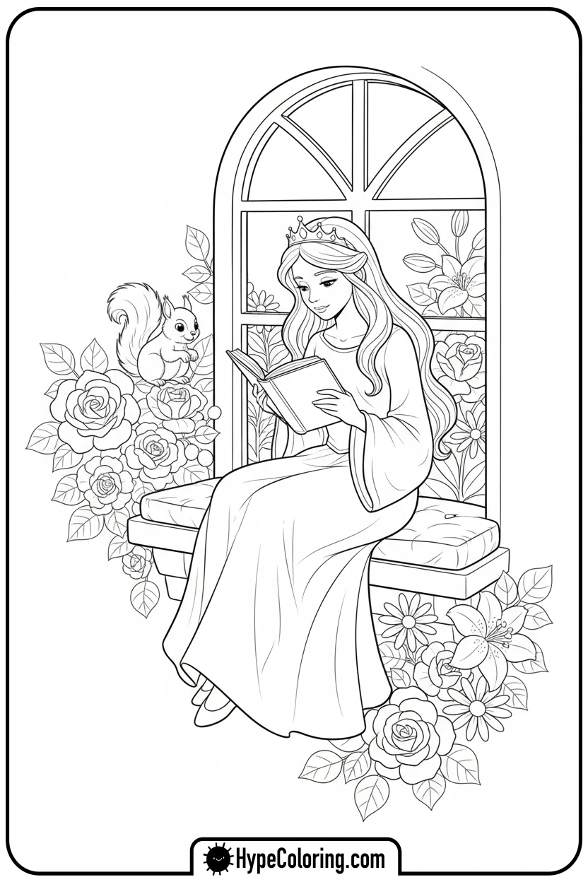 princess-reading-by-window - princess coloring pages printable
