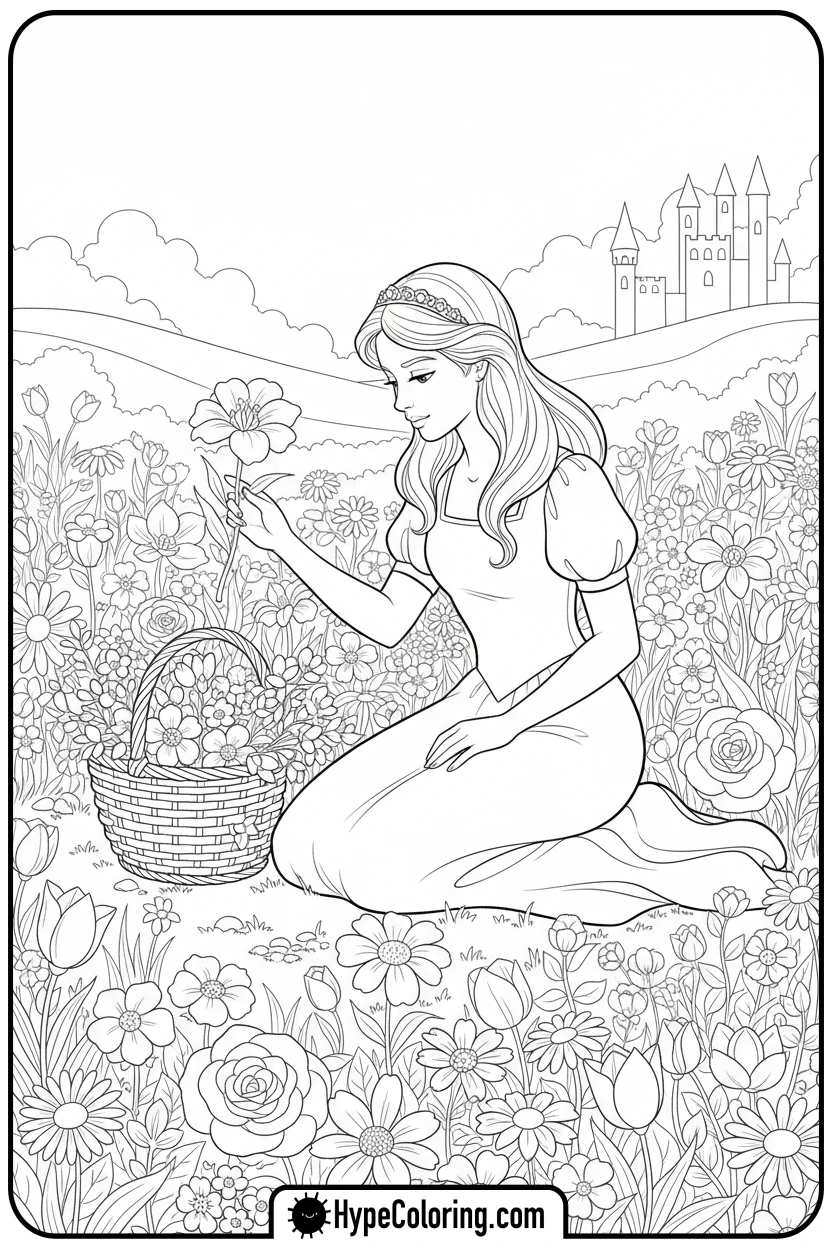 princess-picking-flowers - princess coloring pages printable