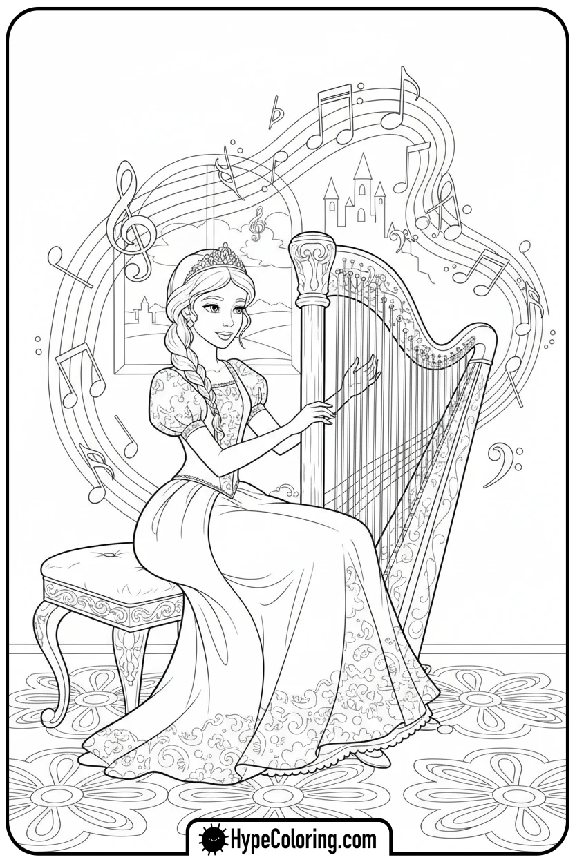 princess-playing-harp - princess coloring pages printable